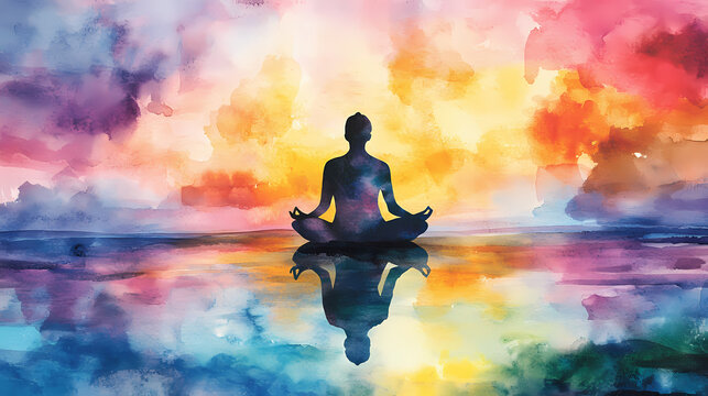 Serene watercolor illustration promoting mindfulness and selfcare calming meditation art with soothing colors. Watercolor Harmony. Illustration