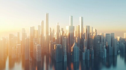 Fototapeta premium Modern Urban Skyline at Sunset with Reflections on Water