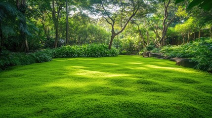 Naklejka premium Lush Green Garden Landscape With Sun Dappled Moss
