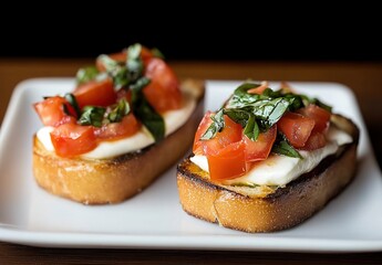 A photograph of two small bruschetta with mozzarella, tomato, and basil on top, presented on an elegant white plate against a black background.