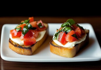 A photograph of two small bruschetta with mozzarella, tomato, and basil on top, presented on an elegant white plate against a black background.