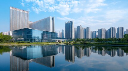 Fototapeta premium Modern Urban Skyline Reflected in Calm Water Under Blue Sky