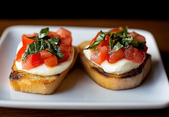A photograph of two small bruschetta with mozzarella, tomato, and basil on top, presented on an elegant white plate against a black background.