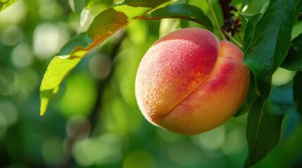 Obraz premium Fresh Juicy Peach Hanging on Tree Branch in Bright Green Garden