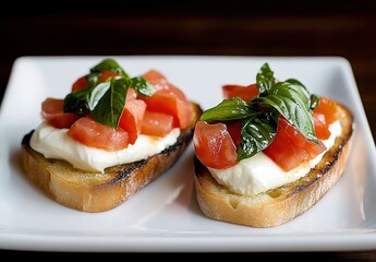 A photograph of two small bruschetta with mozzarella, tomato, and basil on top, presented on an elegant white plate against a black background.
