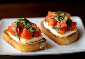 A photograph of two small bruschetta with mozzarella, tomato, and basil on top, presented on an elegant white plate against a black background.