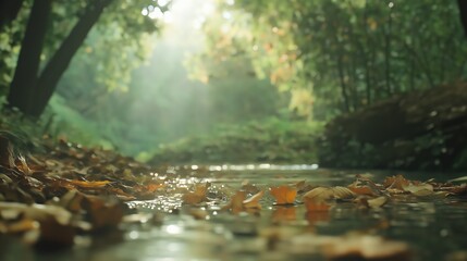 Fototapeta premium Autumn Forest Stream Sunlight Dappled Leaves Peaceful Scene