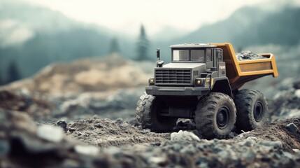 Obraz premium A Rugged Dump Truck Hauling Gravel In A Mountainous Landscape