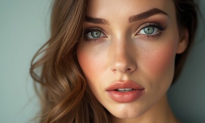 Fototapeta premium A Woman Emphasizes Her Makeup With Striking Eye Makeup and Flawless Skin, Looking Directly at the Camera