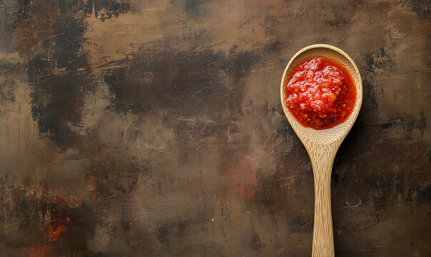 Sambal belacan on a wooden spoon elevated with a rustic setting, capturing the essence of authentic Malaysian cuisine