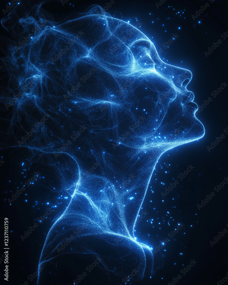 Poster glowing wireframe silhouette of a person in a dark cosmic setting