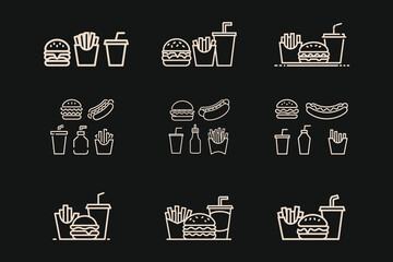 Fast Food icon minimal set, burgers, french fries, and soft drink symbols of street food