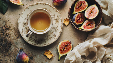A cup of tea and fresh figs. A simple, elegant autumnal scene.