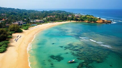 A bird's-eye view of Unawatuna beach in Sri Lanka, with its crystal-clear waters and golden sands.