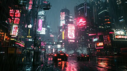 Vibrant Neon Cityscape at Night Under Rainy Weather Conditions