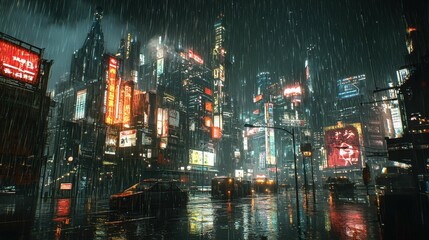 Fototapeta premium Neon Cityscape at Night with Rain and Reflections Under Lights