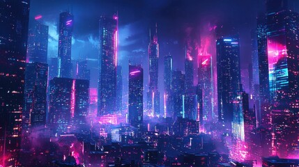Obraz premium Futuristic Cityscape with Neon Lights and Dramatic Skies at Night