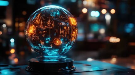 Futuristic glowing orb displays complex data patterns