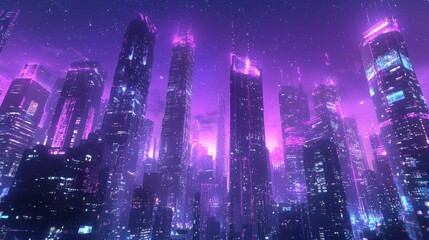 Fototapeta premium Futuristic Cityscape at Night with Neon Lights and a Purple Glow