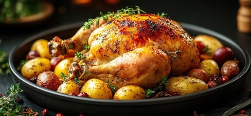 A beautifully roasted chicken with potatoes, surrounded by herbs and spices.