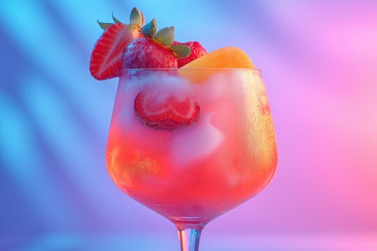 Refreshing glass of frose with strawberries, citrus, and vibrant fruit slices