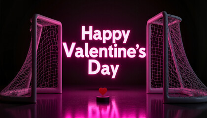 Vibrant "Happy Valentine's Day" 3D text above hockey goalpost with heart puck, romantic sports theme