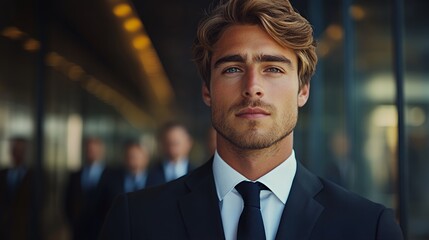 Naklejka premium Confident Young Professional Stands in a Modern Office Setting While Colleagues Blur in the Background During a Busy Workday