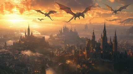 Naklejka premium Majestic Fantasy Landscape with Dragons in the Golden Sky