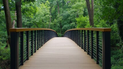 Obraz premium Serene Wooden Bridge Over Tranquil Green Forest Pathway