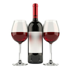 bottle of red wine with two glasses, perfect for romantic dinner or celebration. elegant design highlights rich color of wine, creating sophisticated atmosphere
