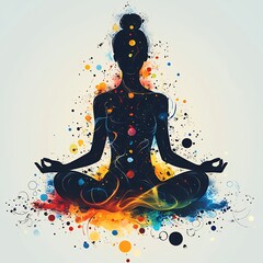 Colorful Silhouette of a Meditating Figure Surrounded by Energetic Splashes of Color Representing Chakras and Inner Peace