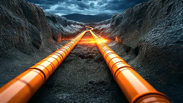 A hyperrealistic image of orange pipes being lowered into a deep trench, soil visibly layered around the edges.