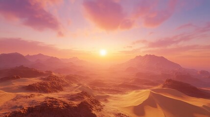 Naklejka premium Desert Landscape Sunset Over Rolling Sands and Mountains