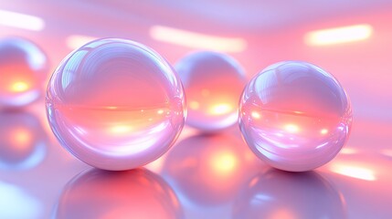 Colorful Reflective Spheres Illuminated in a Soft Pink Hue Creating an Abstract Atmosphere in a Minimalistic Environment