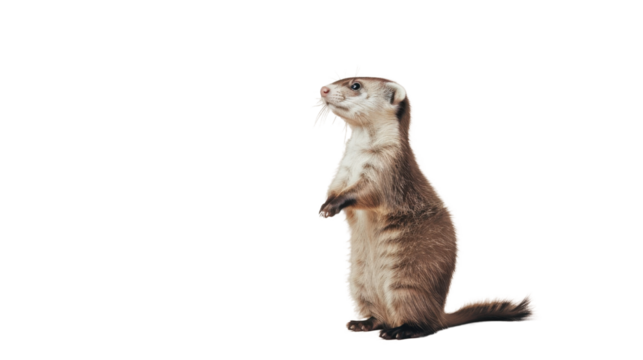 Standing ferret looking curiously with playful expression, showcasing its furry coat and alert posture. This charming animal captures attention with its inquisitive nature