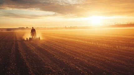 Fototapeta premium Sunset Over Agricultural Field with Farmer Working on Tractor
