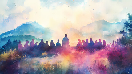 A watercolor scene of the sermon on the mount, with soft pastel colors blending into the background, emphasizing jesus gentle teaching presence. Watercolor Harmony. Illustration