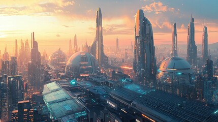 Naklejka premium Futuristic Cityscape at Sunset with Skyscrapers and Advanced Architecture