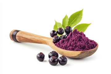 Aronia berries Chokeberry powder in wooden spoon isolated on white