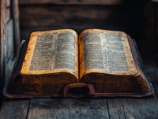 Obraz premium Antique Open Book Resting on a Rustic Wooden Surface With Visible Wear and Historical Significance