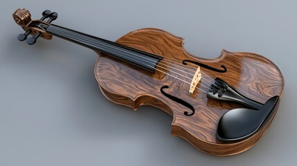 Fototapeta premium A Polished Wooden Violin Rests on a Gray Surface