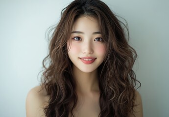 Fototapeta premium A photograph of the most beautiful japanese women with long, curly hair, big eyes, and flawless skin, smiling for her beauty portrait. 