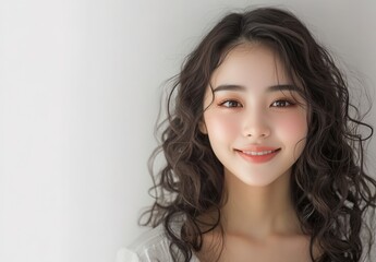 Fototapeta premium A photograph of the most beautiful japanese women with long, curly hair, big eyes, and flawless skin, smiling for her beauty portrait. 