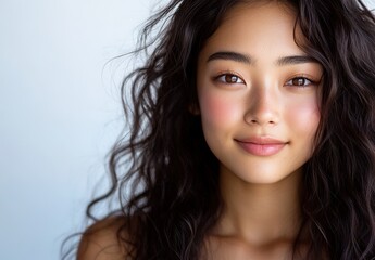 Obraz premium A photograph of the most beautiful japanese women with long, curly hair, big eyes, and flawless skin, smiling for her beauty portrait. 