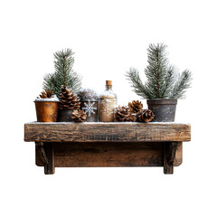 Rustic Wooden Shelf with Holiday Trinkets Isolated on Transparent Background