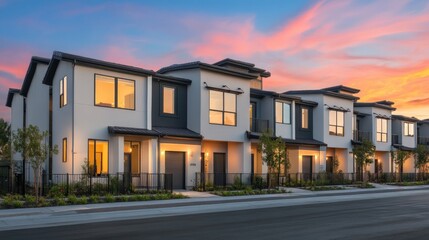 Modern Townhouses with Warm Lighting Against Colorful Sunset Sky