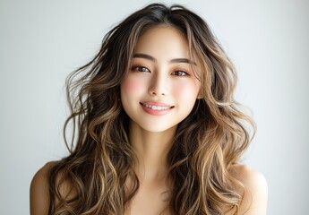 Fototapeta premium A photograph of the most beautiful japanese women with long, curly hair, big eyes, and flawless skin, smiling for her beauty portrait. 