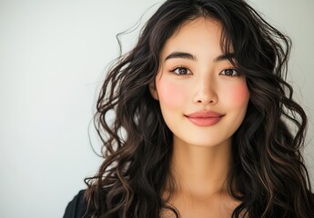 Naklejka premium A photograph of the most beautiful japanese women with long, curly hair, big eyes, and flawless skin, smiling for her beauty portrait. 