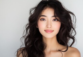 A photograph of the most beautiful japanese women with long, curly hair, big eyes, and flawless...