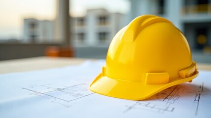a yellow hard hat and a lot of house plan drawings are lying on the table